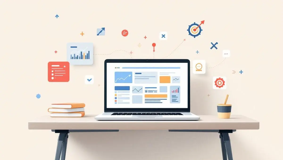 Minimalist laptop with colorful website and digital marketing icons