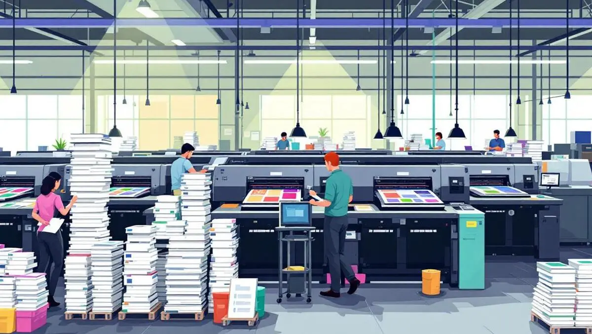 Highspeed industrial printers busy large printshop technicians colorful sheets