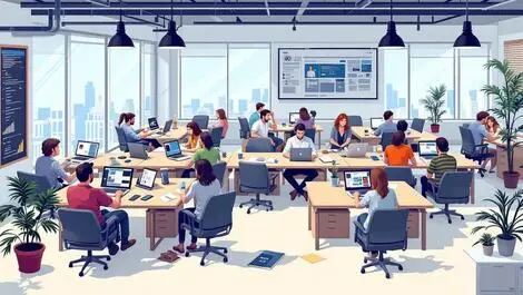 Modern newsroom office computers people collaborating digital devices busy tech news