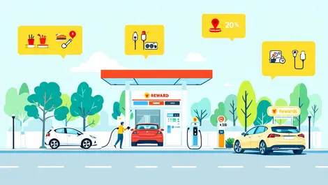 Modern fuel station cars refueling electric vehicles charging points rewards icons fuel nozzles food charging plugs vibrant realistic colors
