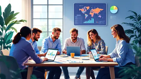 Collaborative digital workspace australian new zealand professionals data charts laptops real time teamwork modern office