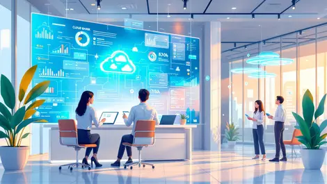 Modern banking environment digital interface cloud technology southeast asian professionals futuristic banking tools contemporary office