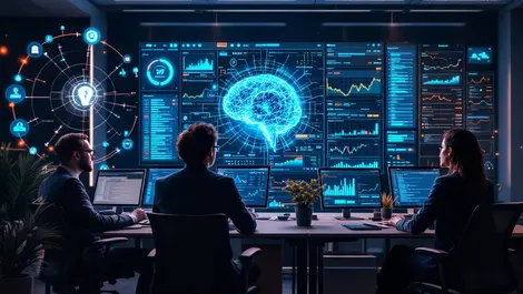 Modern office finance professionals analyzing data digital screens ai efficiency tech advancement