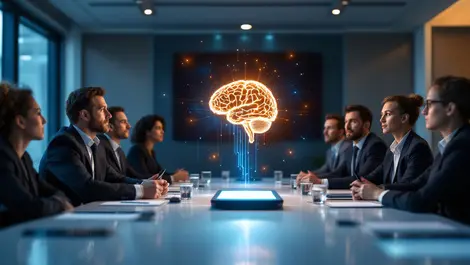 Modern uk boardroom business executives ai brain hologram mixed readiness