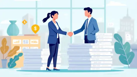 Uk businesspeople shaking hands over paid invoices office buildings trust cooperation