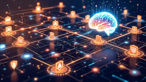 British small business network digital glowing lines shield protection ai brain decision maker