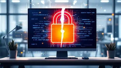Closeup computer screen broken padlock digital data flow modern office