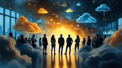 Us corporate it professionals modern office abstract golden dark clouds digital graphs complexity challenges