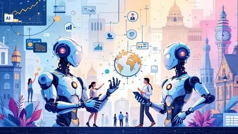 Abstract ai robotic agents collaborating multi sector business global automation