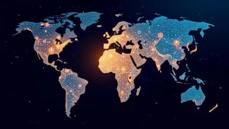 World map emea apac digital nodes ai symbols global expansion enterprise tech