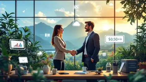 Professional business partnership new zealand handshake modern office technology cloud mobile devices native flora scenic background realistic