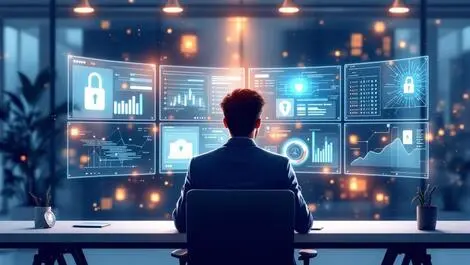 Modern corporate office it professional cybersecurity shield icons data monitoring dashboard