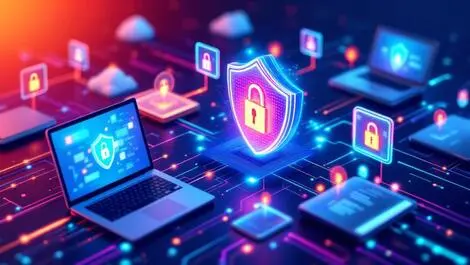 Secure digital network interconnected devices laptops smartphones dynamic security layers zero trust cybersecurity data flow protection shields