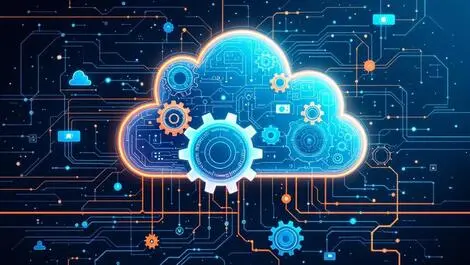 Digital illustration cloud server gears robotic arms ai agents optimization