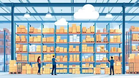 Modern warehouse organized shelves workers tablets cloud logistics operations