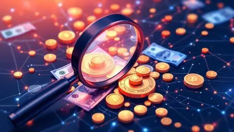 Magnifying glass over banknotes coins with digital network lines financial crime detection anti money laundering