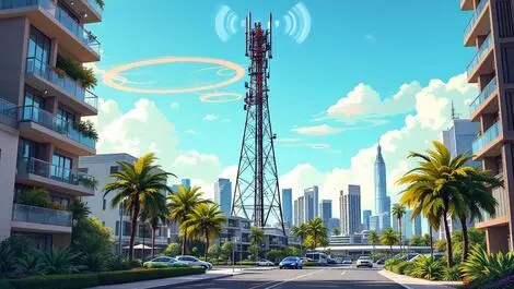 Realistic cellular tower emitting signals surrounded by modern apartments australian city palm trees