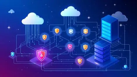 Interconnected cloud servers onpremises data centers digital data streams cybersecurity threat detection hybrid it