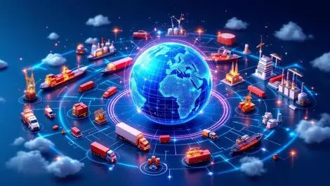 Illustration globe interconnected cargo ships trucks factories global supply chain network efficiency