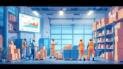 Realistic illustration busy modern warehouse workers pallets shelves data analytics