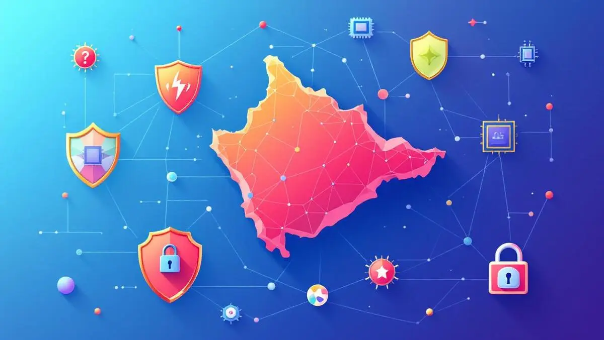 Fiji map with shields and digital network lines symbolizing cybersecurity protection