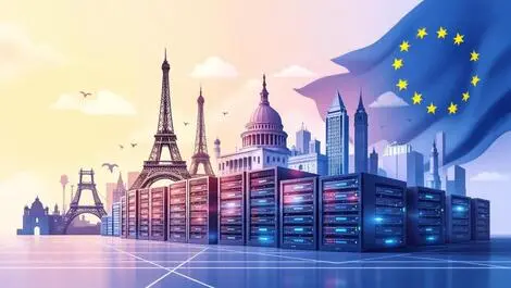 Modern data centers european landmarks eiffel tower eu flag tech unity