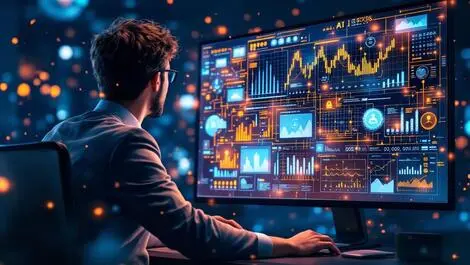 Business professional analyzing digital security data visualizations ai