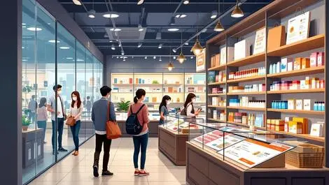Illustration modern asian retail store shoppers digital personalized suggestions