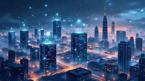 Modern data centers sea cityscape digital networks tech growth ai innovation