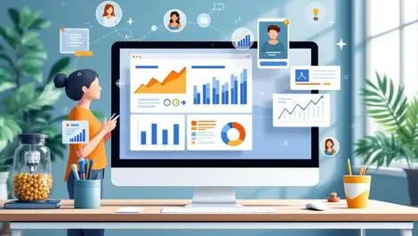 Business desk computer marketing analytics charts graphs content creation automation modern office