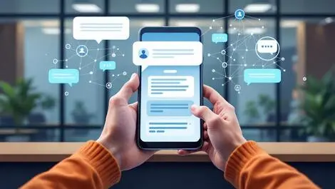 Ai agents communicating chat bubbles smartphone global connections modern office