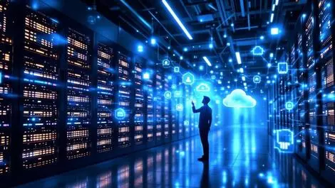 Modern data center glowing servers digital neural network human ai icons