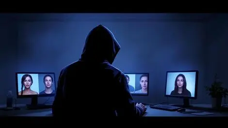 Realistic hooded figure dimly lit room computer screens faces manipulated deepfakes cybercrime