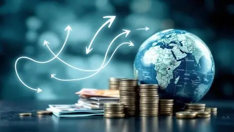 Realistic photo stacked new zealand banknotes coins globe arrows money flow