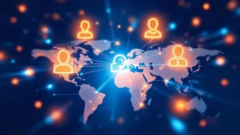 Illustration interconnected ai agent icons exchanging data globe secure collaboration