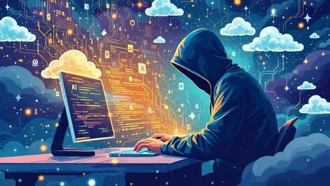 Hooded figure at computer surrounded by digital code abstract clouds and ai elements cyberattack theme