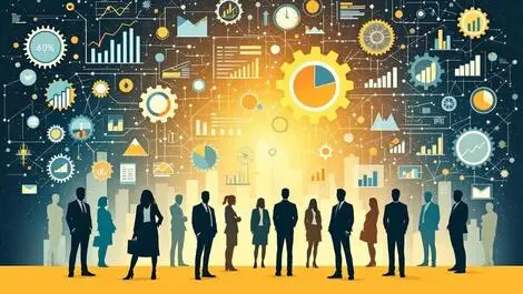 Interconnected data charts graphs gears business teamwork analytics finance