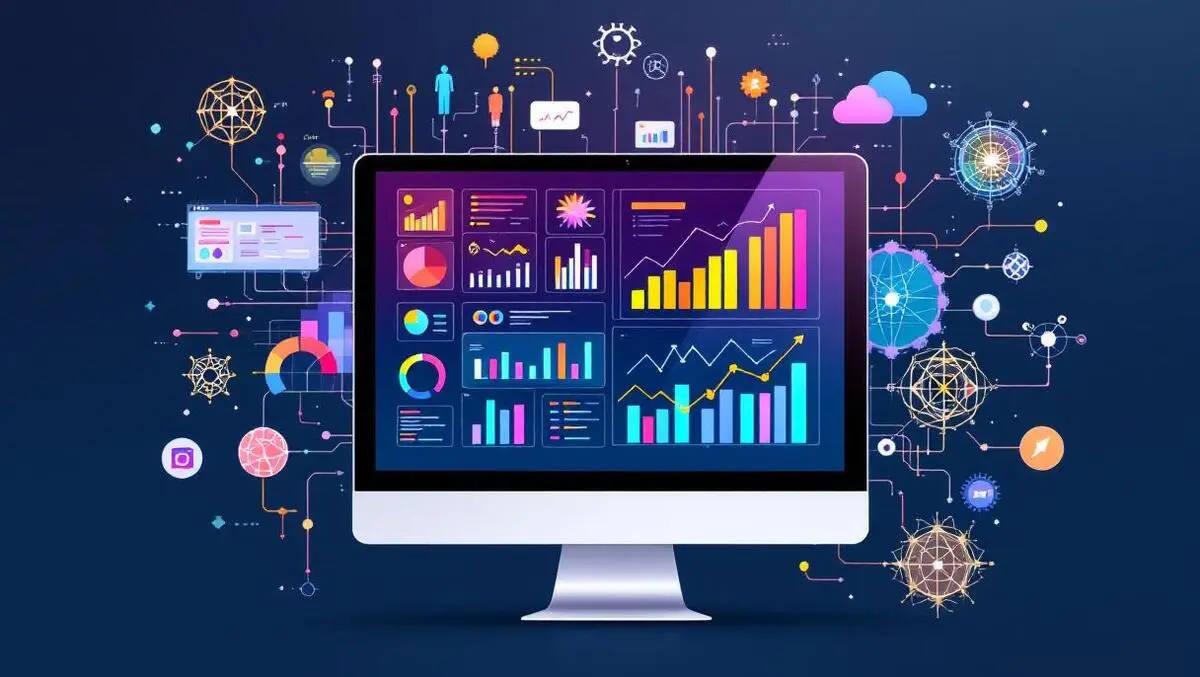 Computer monitor colorful data analytics charts abstract ai neural network patterns