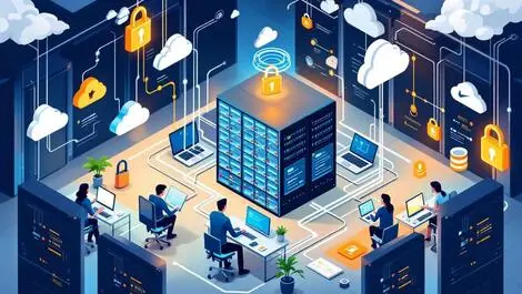 Modern european it server room mainframe computers cables security icons