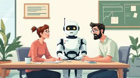 Modern australian office workers and friendly robot leader teamwork