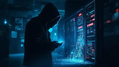 Realistic shadowy figure dimly lit office holding usb data theft