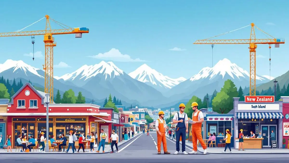 Bustling new zealand south island town construction cranes cafes shops