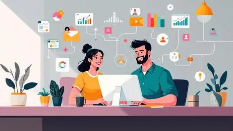 Cheerful australian small business owners digital marketing icons connecting