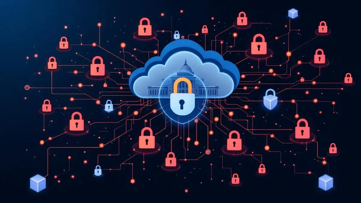 Digital illustration secure cloud icon interconnected locks shields government background