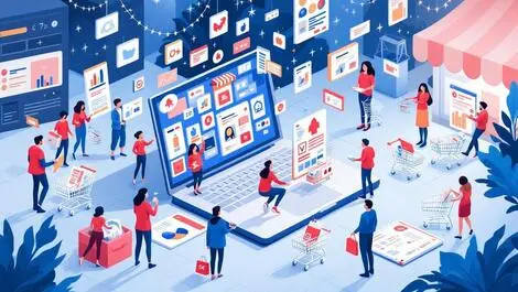 Realistic illustration bustling online shopping scene laptop products carts people us retail web activity surge