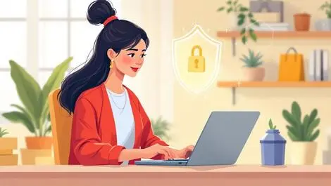 Australian woman online shopping laptop digital privacy shield icons