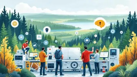 Small business owners engineers collaborate ai machinery northern ontario landscape