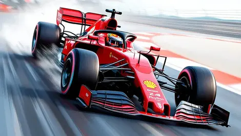 Realistic red formula one car racing track speed motion blur performance