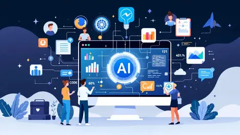 Computer screen flowing data visualizations ai icons human avatars interacting ai translation coding tools