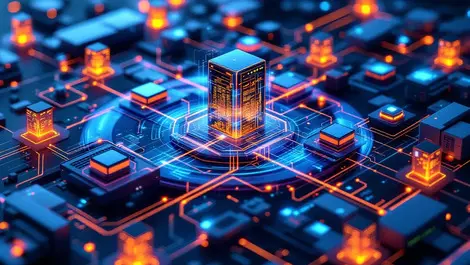 Digital illustration interconnected servers computers highlighted network paths glowing nodes